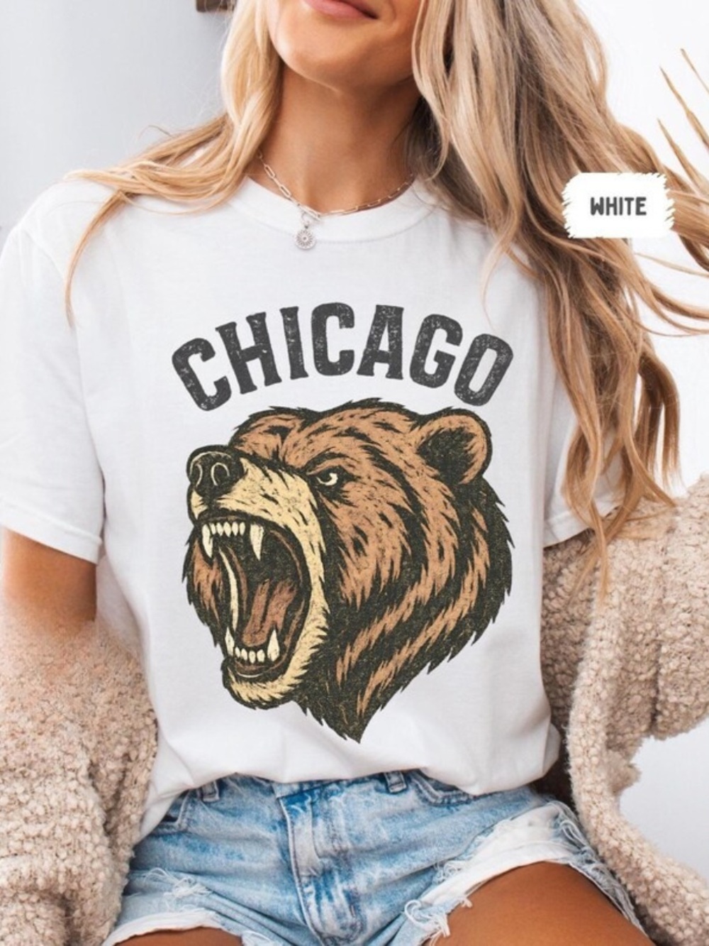 Gildan White Women's Tee, Roaring Bear Chicago Graphic, Game Day Football Shirt
